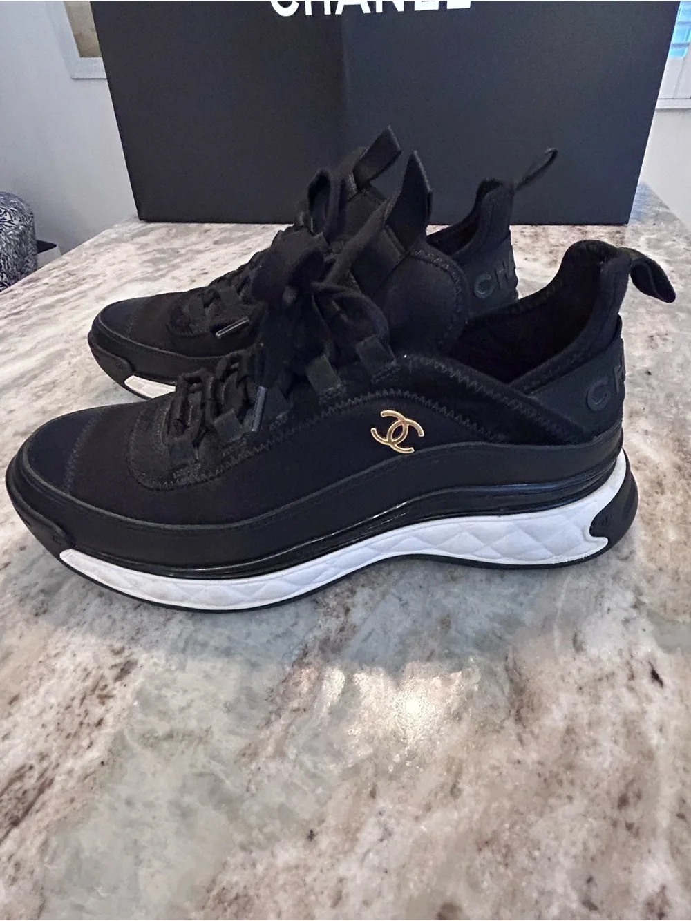 CHANEL Black Leather Sneaker, Gold CC Accent,White quilted platform Sole391/2